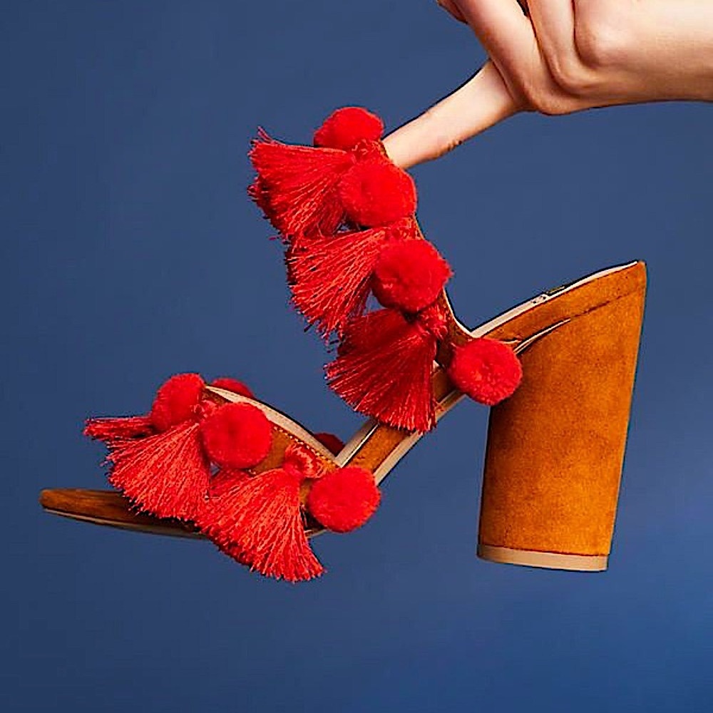 Anthropologie Capsule Collection Red Tassel Pompoms Mules - 8.5
